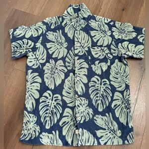 Marine Layer Men's Terry Out Resort Shirt L Blue & Green Monstera Leaf
